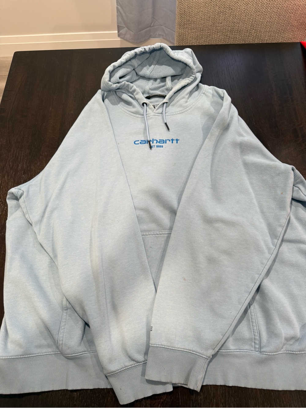 Distressed Carhartt Light Blue Pullover Hoodie with Chest Logo
